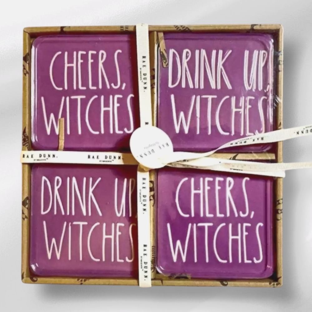 RAE DUNN "CHEERS, WITCHES" "DRINK UP, WITCHES" Ceramic Purple Coasters Set of 4